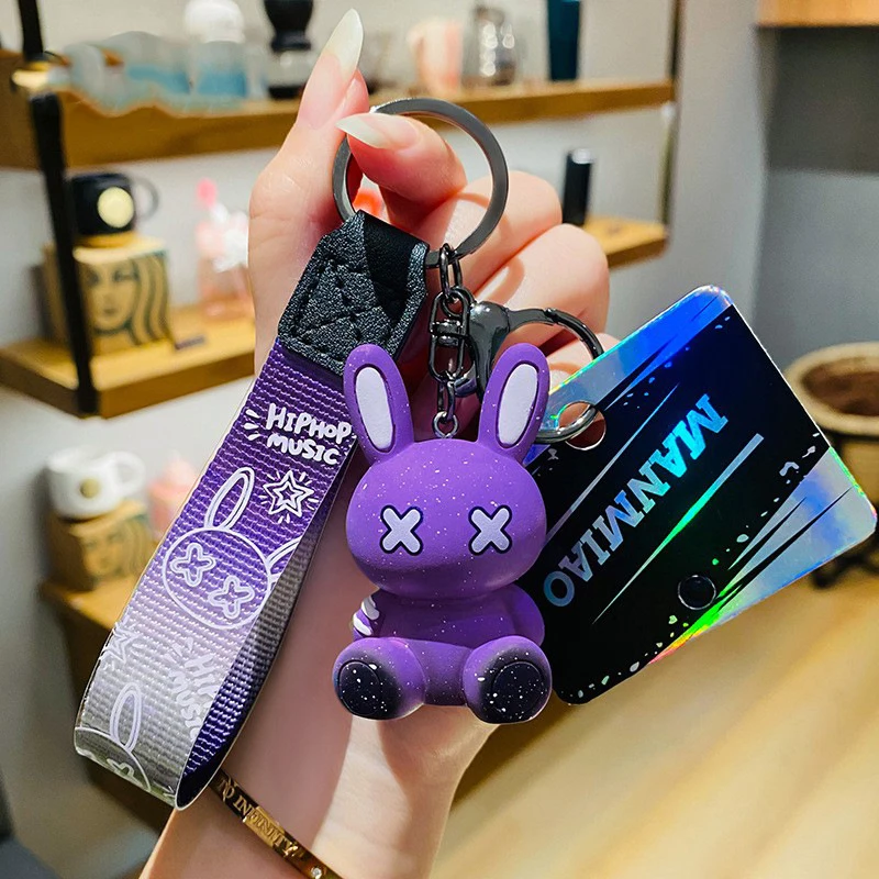 ★BLACK PURPLE☆Nami Chain Keyring Creative Dazzle Rabbit Doll XX Eyes Cool Bunny Keychain