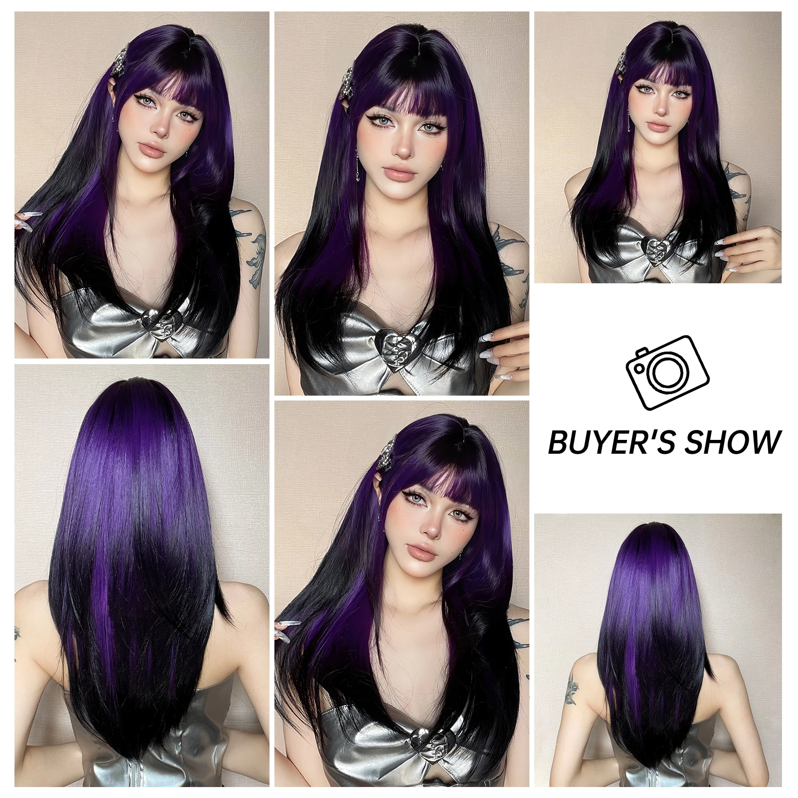 Parrucca sintetica lunga diritta nera viola con frangia Parrucca cosplay  viola Ombre a strati per capelli naturali resistenti al calore per feste da  donna - AliExpress, image size:1600x1600