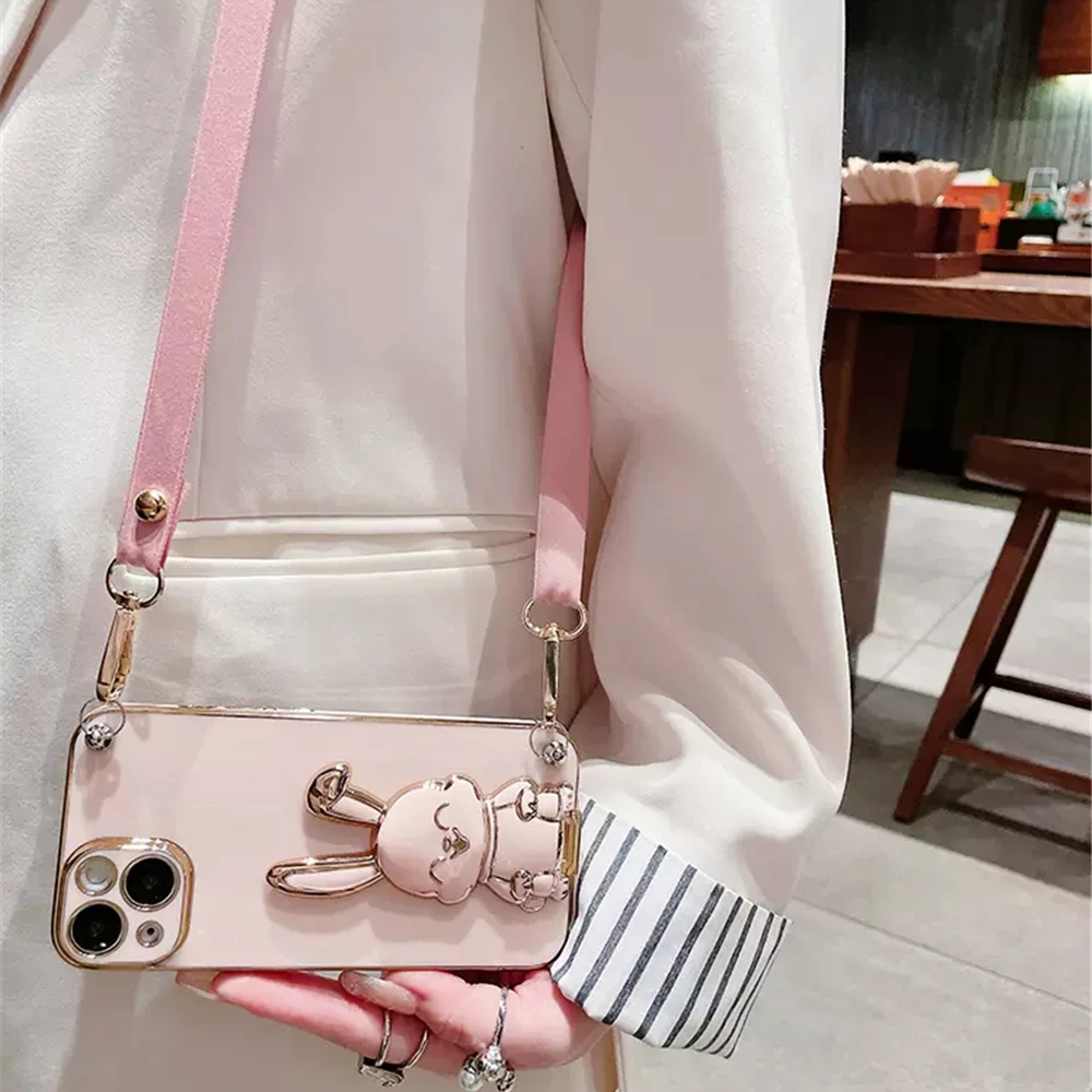Cute Rabbit Design Crossbody Lanyard Phone Holder Case with Shockproof Stand and Plating Cover