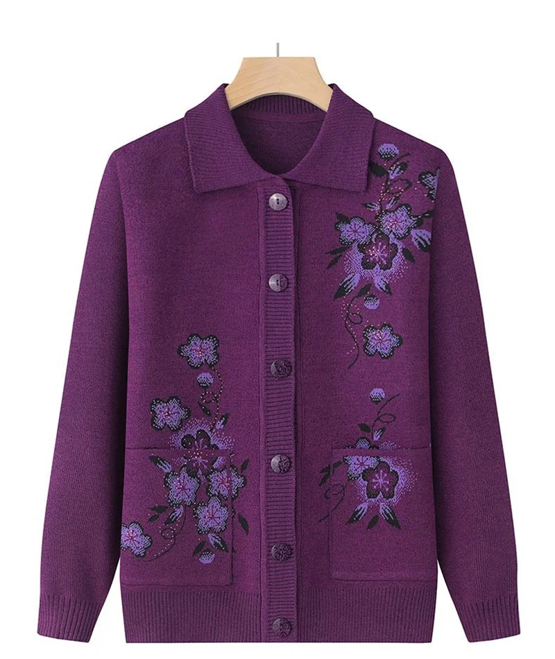 Spring Autumn Long-Sleeve Sweater Women Cardigan Coat New Print Middle-Aged Elderly Knitted Bottoming Shirt Female Tops Jacket