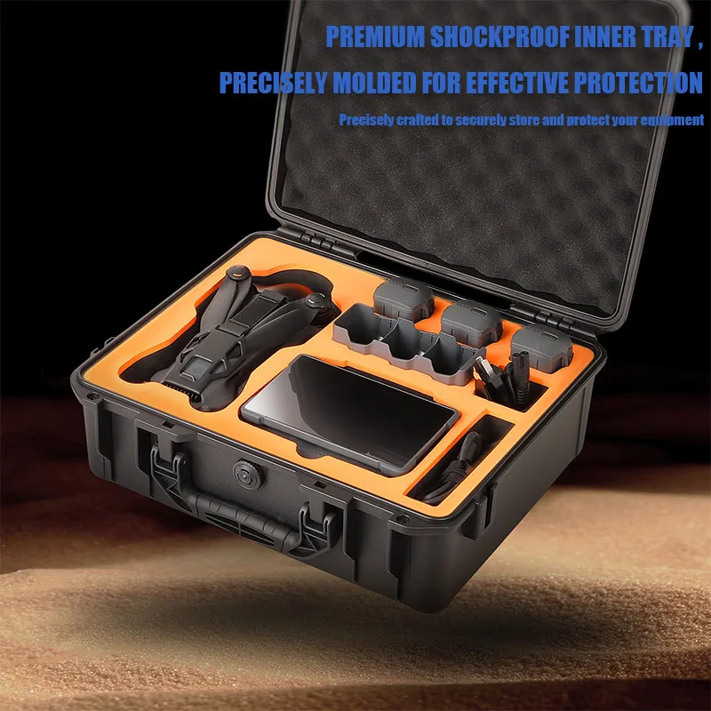 Étui ouvert montrant le drone DJI Mavic 4 Pro et les télécommandes bien calés dans l'étui rigide étanche.