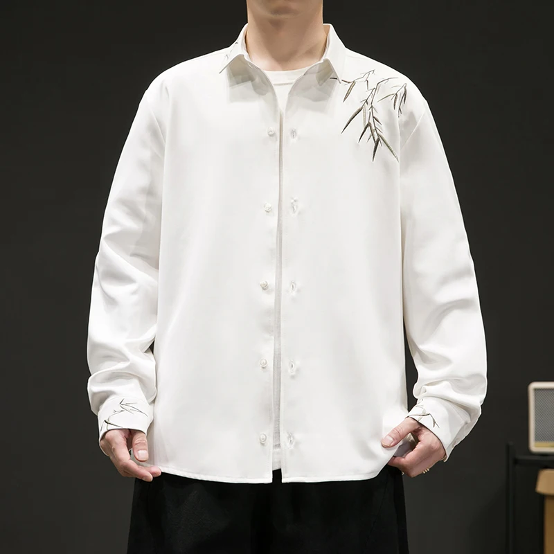 Spring Summer Chinese Traditional Dress Plus Size High Quality Bamboo Leaf Embroidery Shirt Ice Silk Long Sleeve Vintage Tops