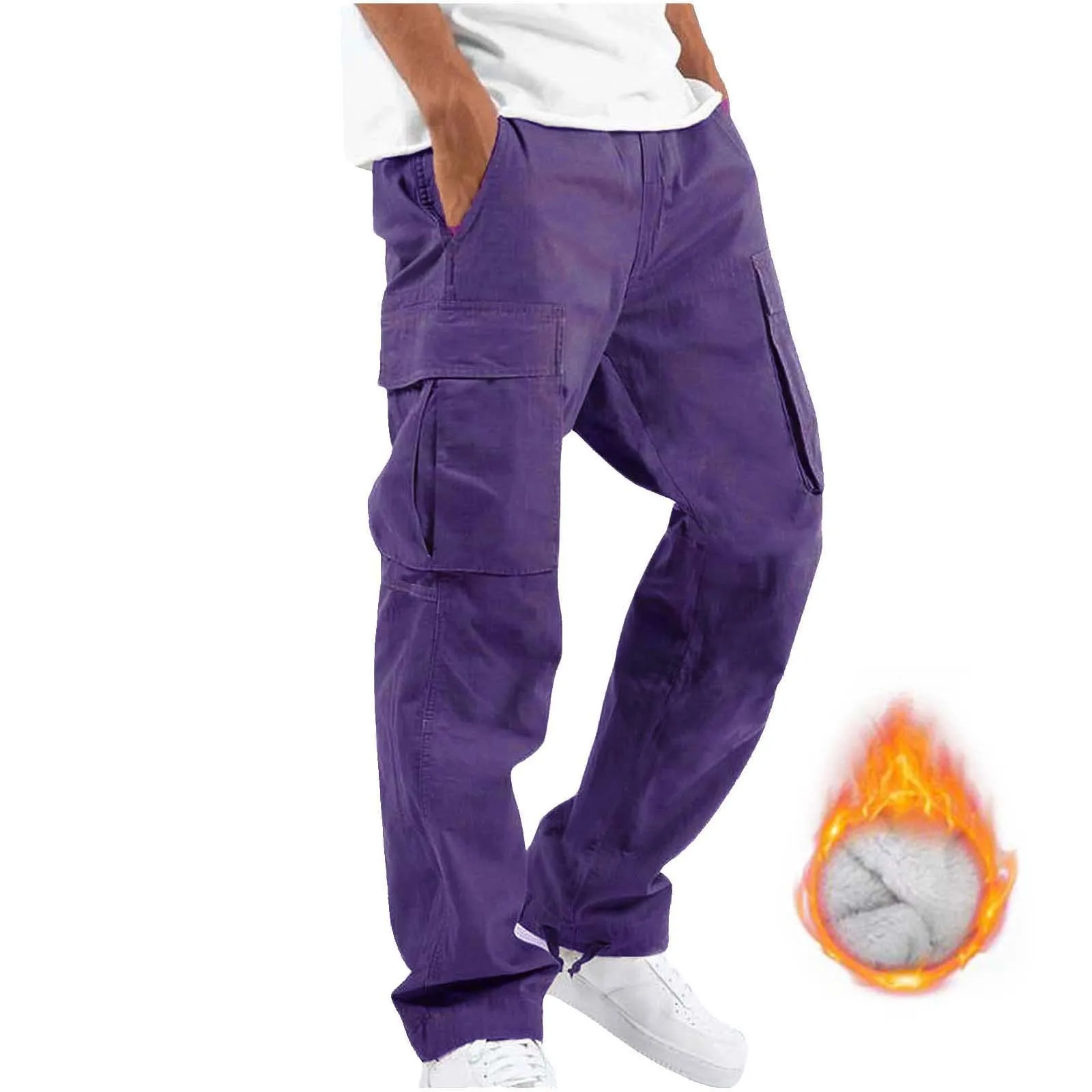 

Men's Winter Street Casual Sports Multi Pocket Tie Up Solid Color Warm h Woven Cargo Workout Sweatpants Trousers Outdoor