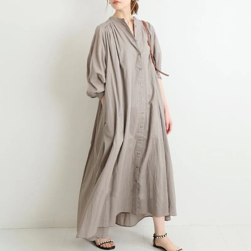 

Dresses for Women Women's Solid Color Cotton Linen Retro Pleated Large Swing Loose Casual Long Dress Korean Elegant Dresses Robe