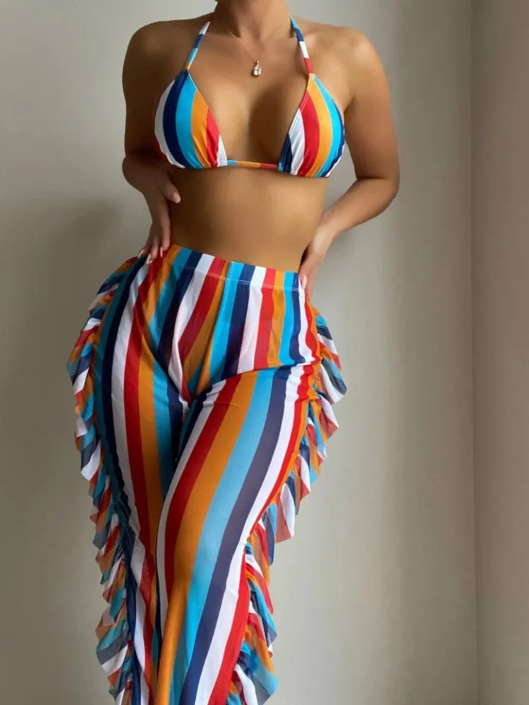 3 Pieces Striped Triangle Bikini Set Swimsuit & Ruffle Pants High Waisted Swimwear Women 2024 Bathing Suit Swim Summer Beachwear