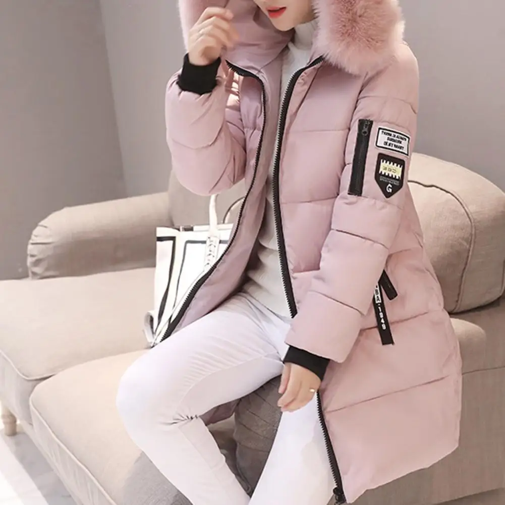 Warm Winter Coat Windproof Hooded Winter Cotton Coat with Zipper Pockets for Women Thickened Padded Mid Length Down Coat Warm 3