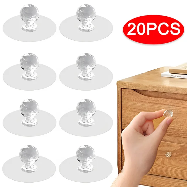 20PCS Transparent Crystal Door Knobs Cabinet Drawer Door Knobs Handles Self-adhesive Handle with Hooks Function Door Wall Decor