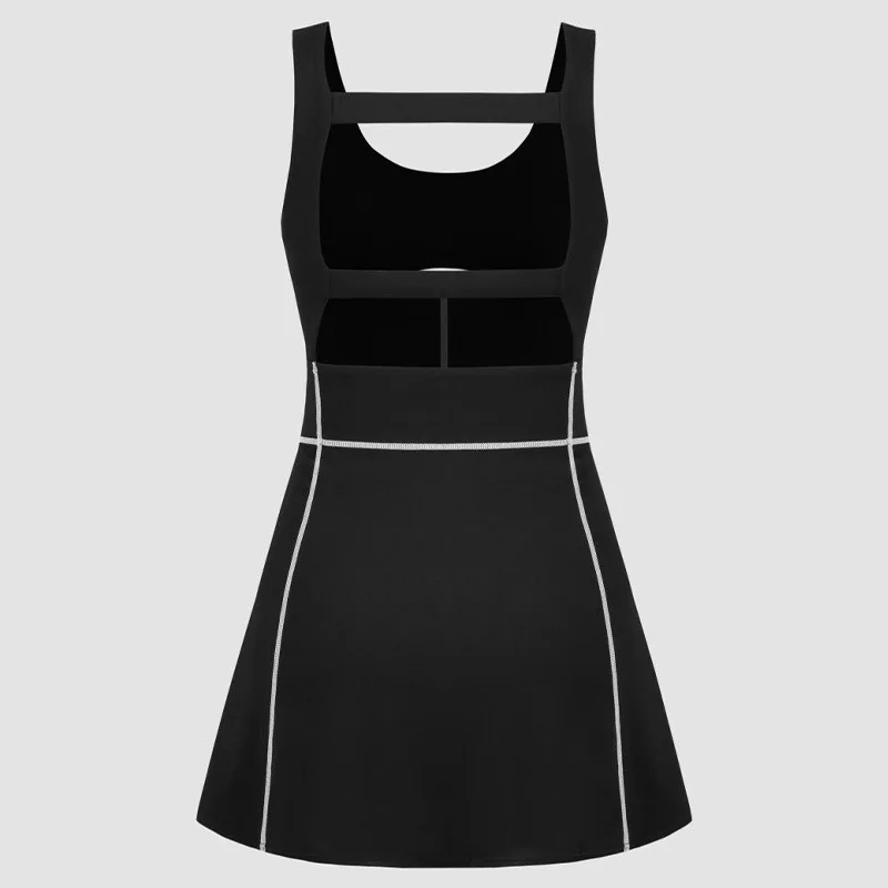 New Women's Breathable Solid Color Stitching U-neck Sleeveless Sport Dresses Women Dress with Shorts and Pocket Tennis Dress