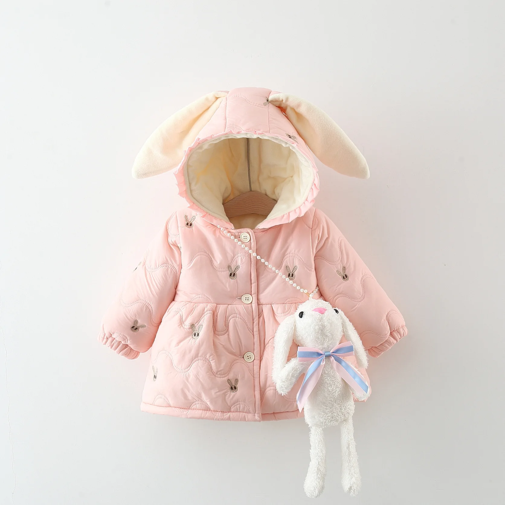 The New Winter Girls' Coat with Hat Flower Edge This Rabbit Print Warm and Fleece Warm Long Sleeve Coat + Diagonal Bunny Bag