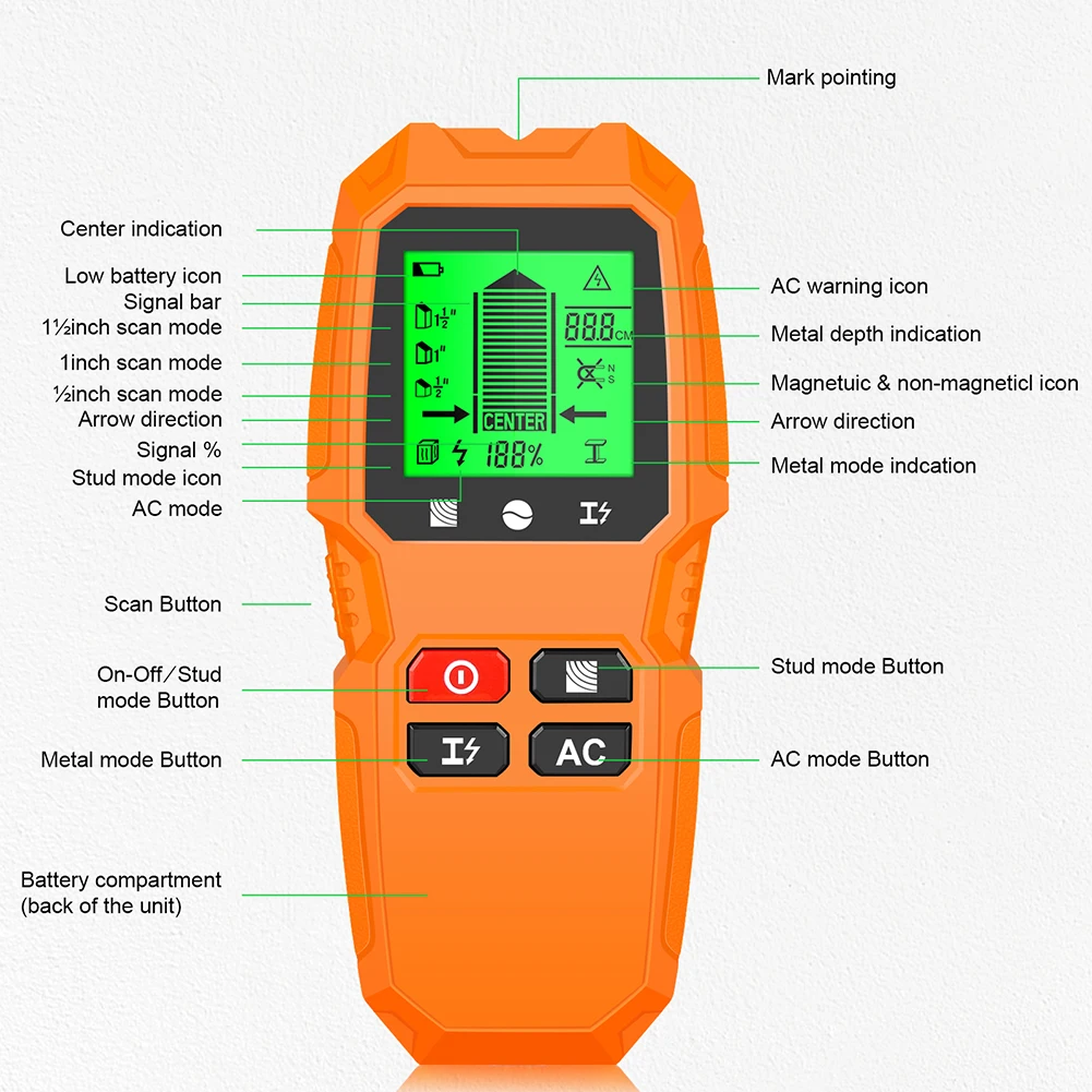 7 in 1 Stud Finder LCD Display Electric Wall Scanner Sensor High Accuracy Wood Stud Find for AC Live Wire Cable Metal Detector 6
