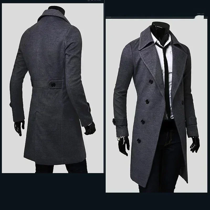Mens Double Breasted Trench Coat Wool Blend Autumn Winter Solid Casual Slim Fit Long Jacket Wool Coat Fashion Mens Clothing wool overcoat