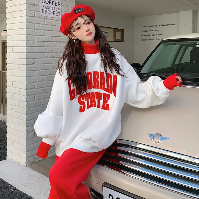 Sports suit women's autumn and winter contrasting high neck casual fashion with plush thick hoodie_voghion.com