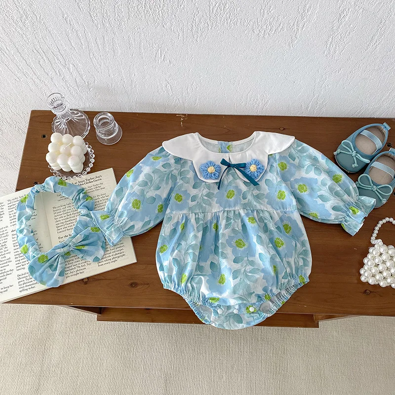 Blau Gedruckt Mädchen Kleid Baumwolle Baby Mädchen Kleider Neugeborenen Blume Drehen Unten Kragen Strampler Herbst Nette Bodys Kleidung – Detail 2