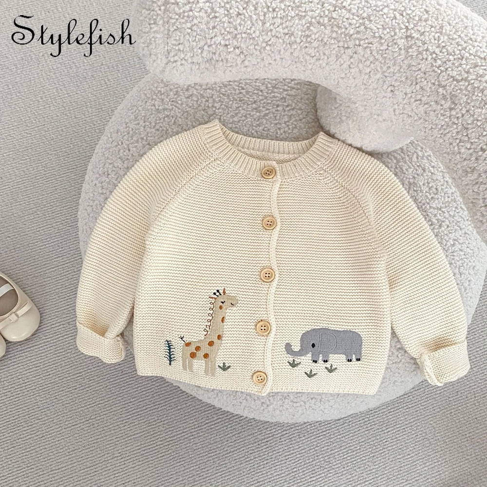 Autumn new 0-3-year-old baby clothing for boys and girls, cute and fun embroidered round neck sweater, knitted cardigan jacket 1