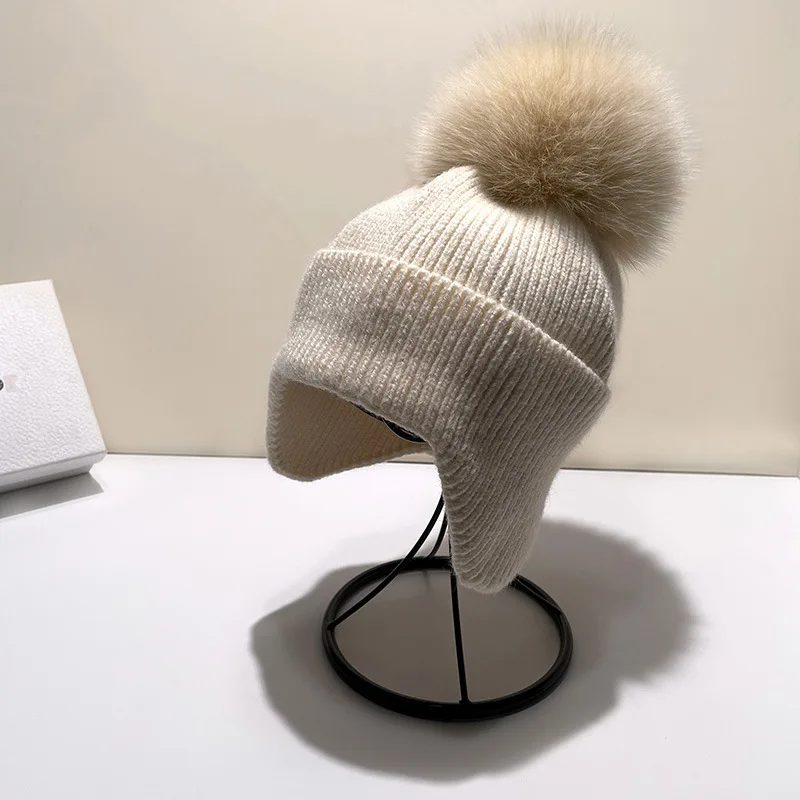 

Winter Ear Protection Pompom Hat for Women Korean Version Solid Color Skullies Beanies Outdoor Warm Knitted Hats Casual Bonnet