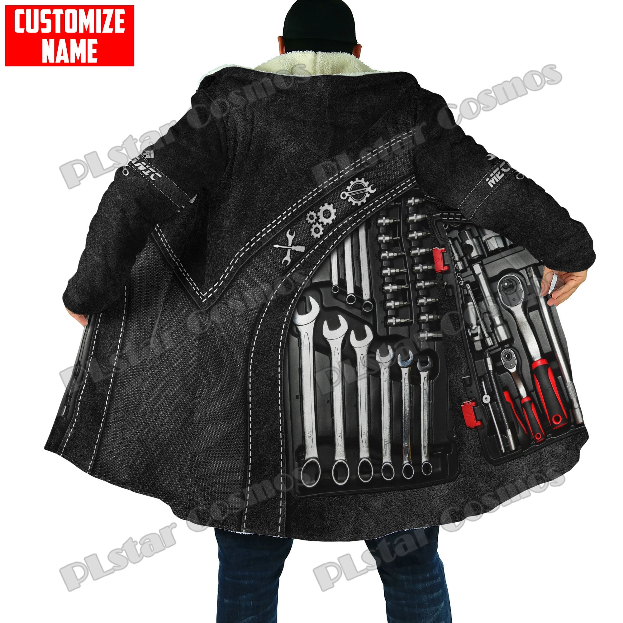 Personalisierter Mechaniker-Schädel-Werkzeug, Metall, 3D-gedruckt, Herren-Fleece-Kapuzenmantel, Winter, Unisex, lässig, dick, warm, Cape-Mantel PJ07 – Detail 8