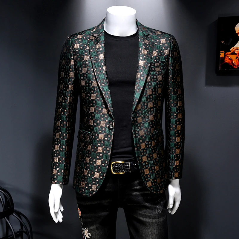 2022 Brand Men Blazer Personality Wild Men's Suit Jacket High Quality Fashion Plaid Print Slim Fit Warm Blazer Coat Male 5XL 6XL 3