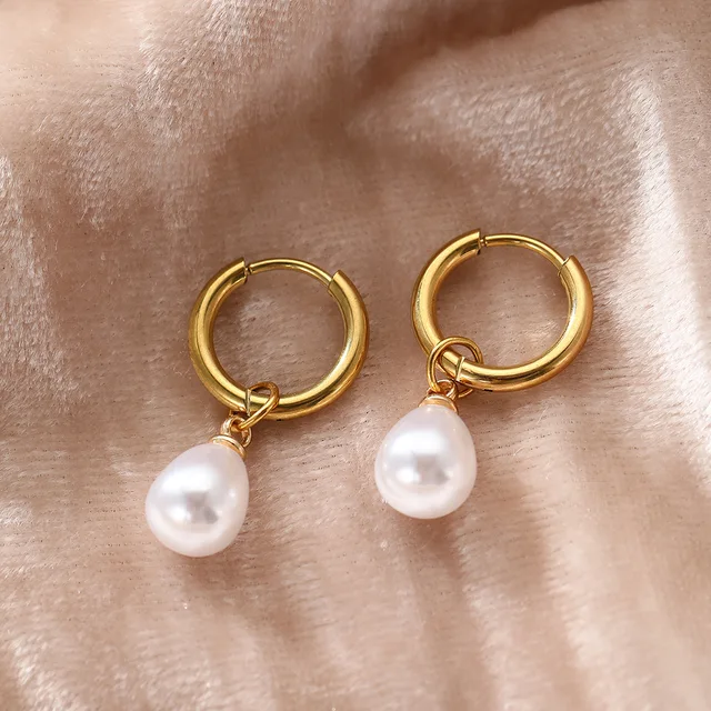 Boucles d'oreilles créoles en acier inoxydable pour femmes, pendentif en forme de goutte d'eau, Imitation de perles, tempérament Simple, bijoux cadeaux pour les déplacements quotidiens