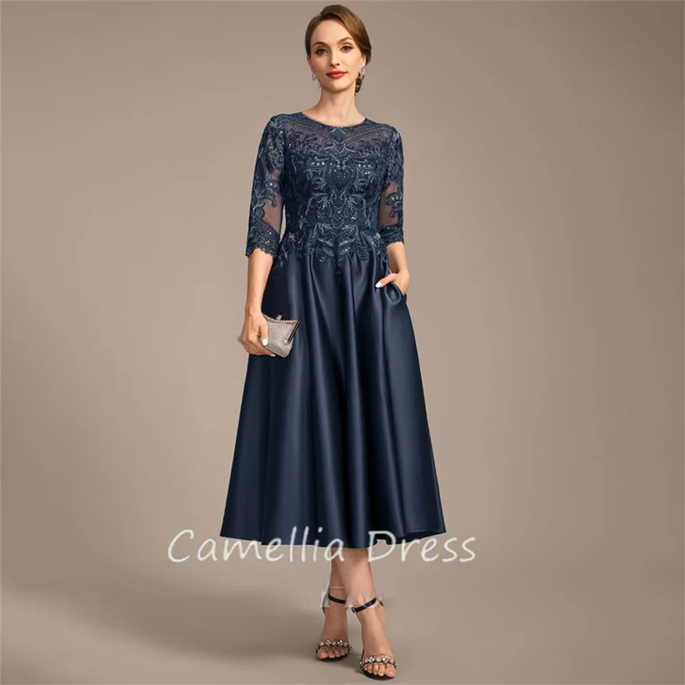 

New Scoop Mother Of The Bride Dress A-line Tea-Length Lace Satin With Sequins Formal Dresses Vestidos Mae Da Noiva Casamentos