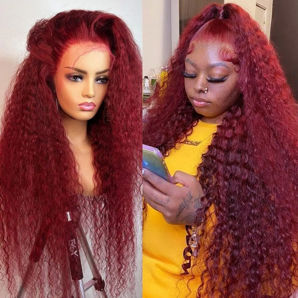 34 Inch Deep Wave Frontal Wig 99J Burgundy Curly  Lace Front Human Hair Wigs Red 13x4 13x6 HD Lace Frontal Wigs For Women