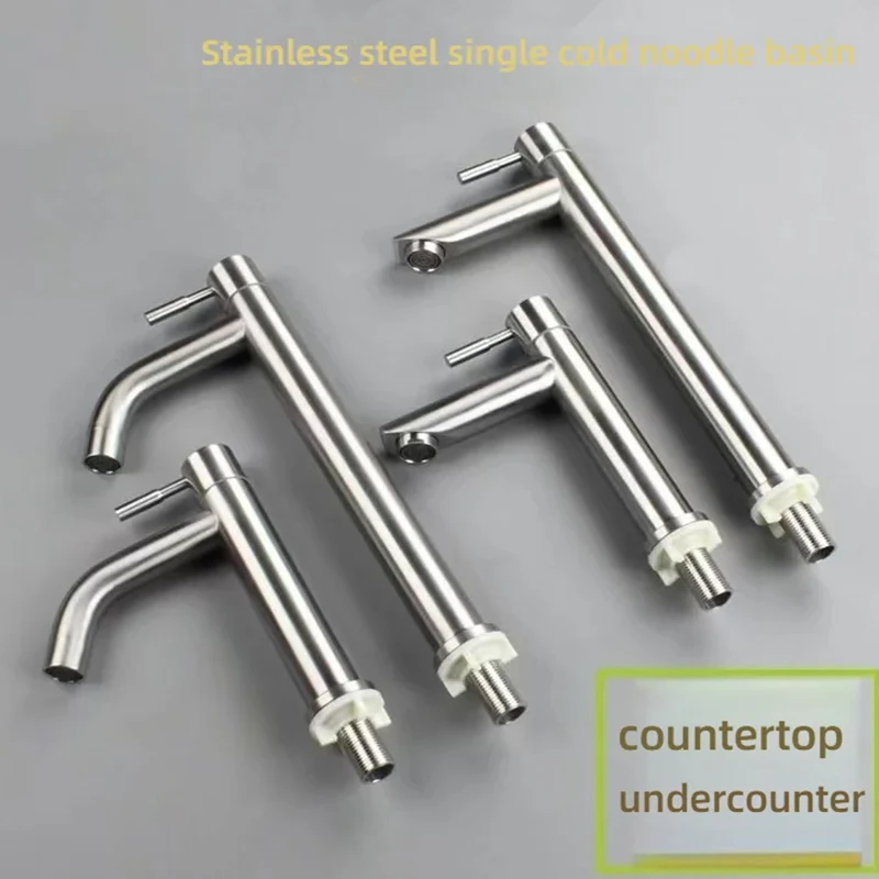 Kitchen Sink Single Cold Faucet 304 Stainless Steel Basin Faucet Household Bathroom Countertop Washbasin Splash Proof Faucet