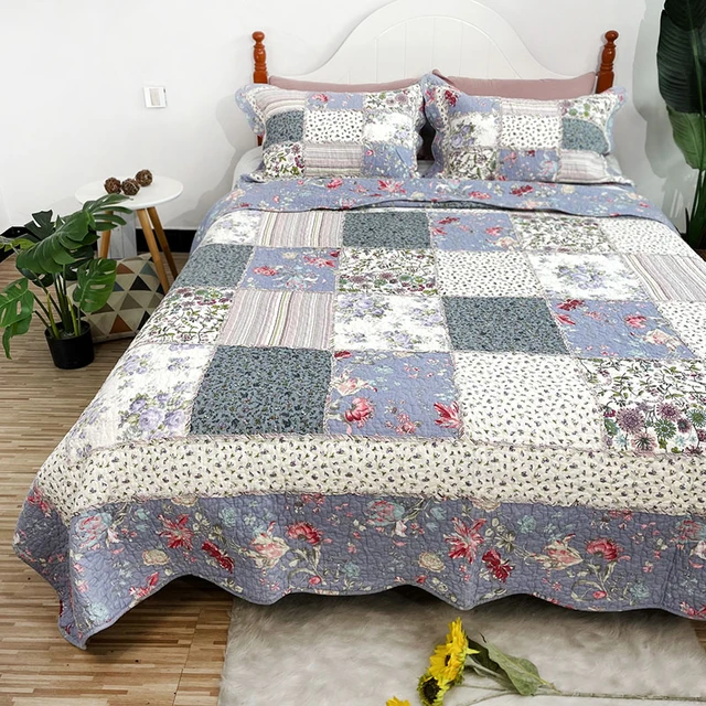 CHAUSUB Quilt Set 3pcs Bedspread on the Bed Cotton Floral Patchwork  Coverlet Quilted Bed Cover with 2 Pillowcase Queen Size