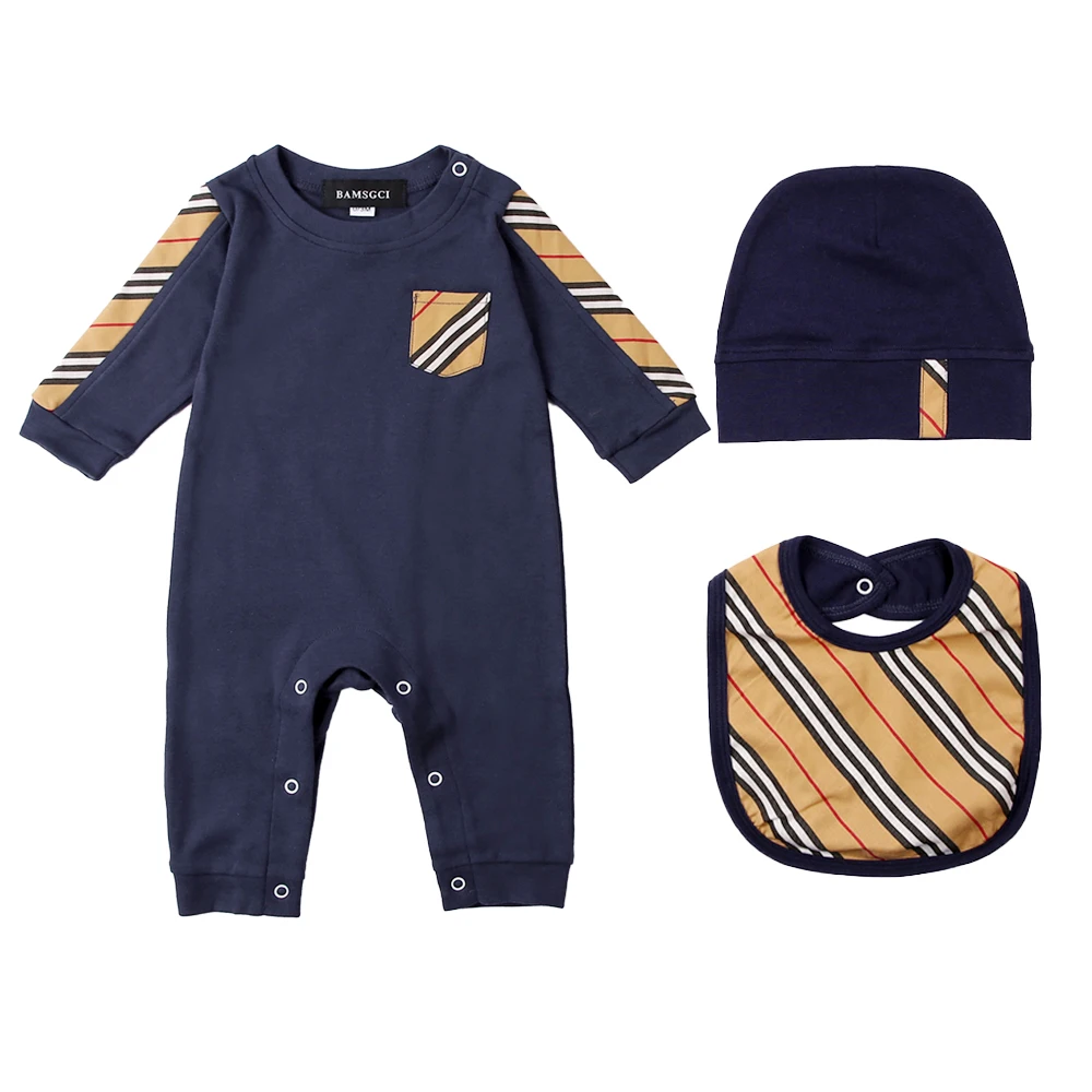 

New summer fashion 3 pcs newborn baby clothes Plaid stripes cotton Long sleeve new born baby boys girls rompers Bibs hats sets