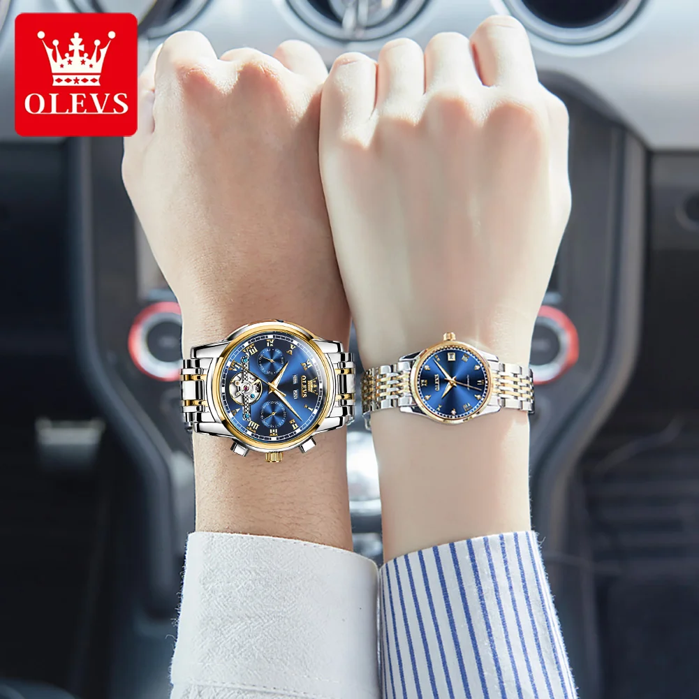 OLEVS Luxury Brand Original Couple Watch Stainless Steel Strap Waterproof Fully Automatic Mechanical Watch Romantic Lover Watch