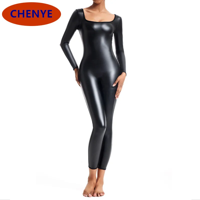 

Women's U Neck Pu Leather Clubwear Long Sleeve Unitard Jumpsuit Women Leather Jumpsuit Rompers Playsuit Streetwear Overalls Paty