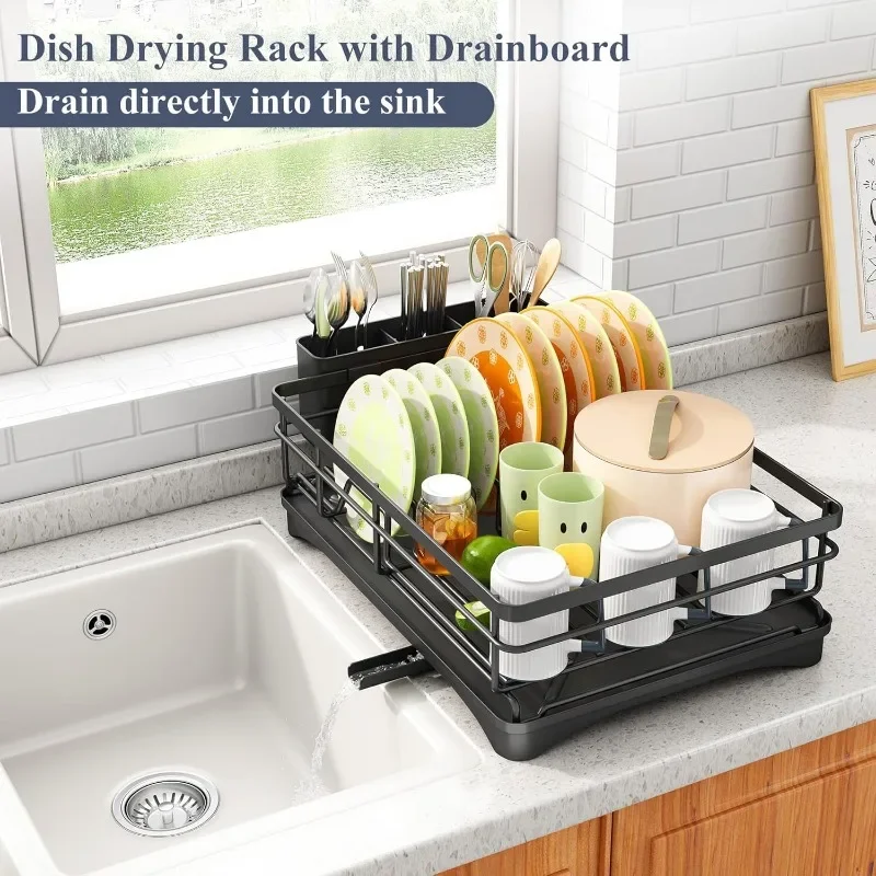 Dish Drying Rack-Stainless Steel Dish Rack for Kitchen Counter, Large-Capacity Drainer with Cutlery Holder, Kitchen