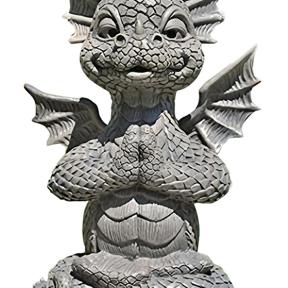 Garden Dragon Statue Happy Dinosaur Cheering You Resin Figurine Outdoor Spring Decorations Meditation Dragon Figurine with Lamp