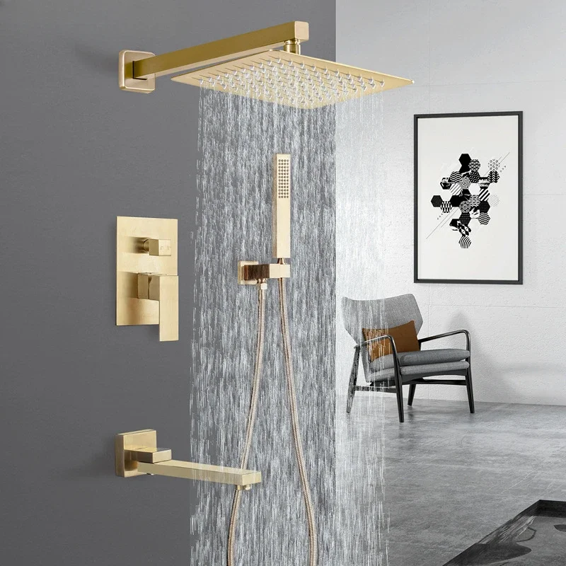 LED Top Spary Bathroom Concealed Wall Mount Rain Waterfall Shower System With Swivel Tub Spout Cold Hot Water Mixer Faucet