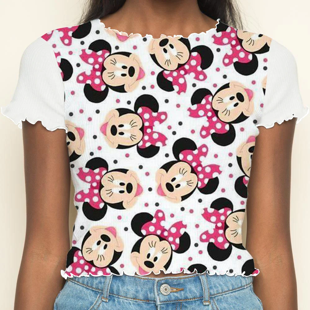 

Disney T-shirt Summer Clothes Women 2024 Lettuce Trim Short Sleeve Crop Top Y2k Woman Clothing T-shirts Minnie Mouse Tops Sexys