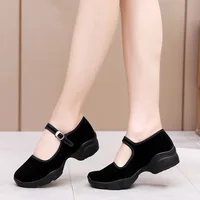 Women Shoes Black Velvet Pumps Buckle Strap Mary Jane Heels Lady Platform Block Heel Work Shoes Casual Walking Dance Cloth Shoes 1