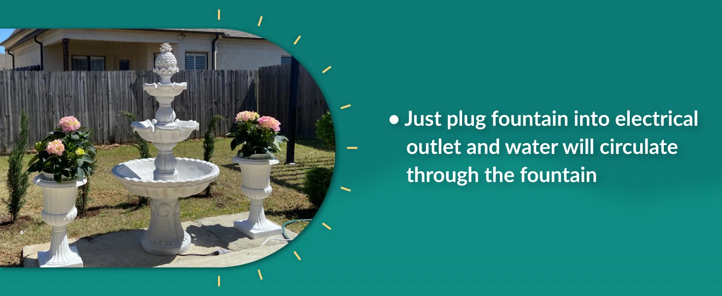 Just plug fountain into electrical outlet and water will circulate through the fountain