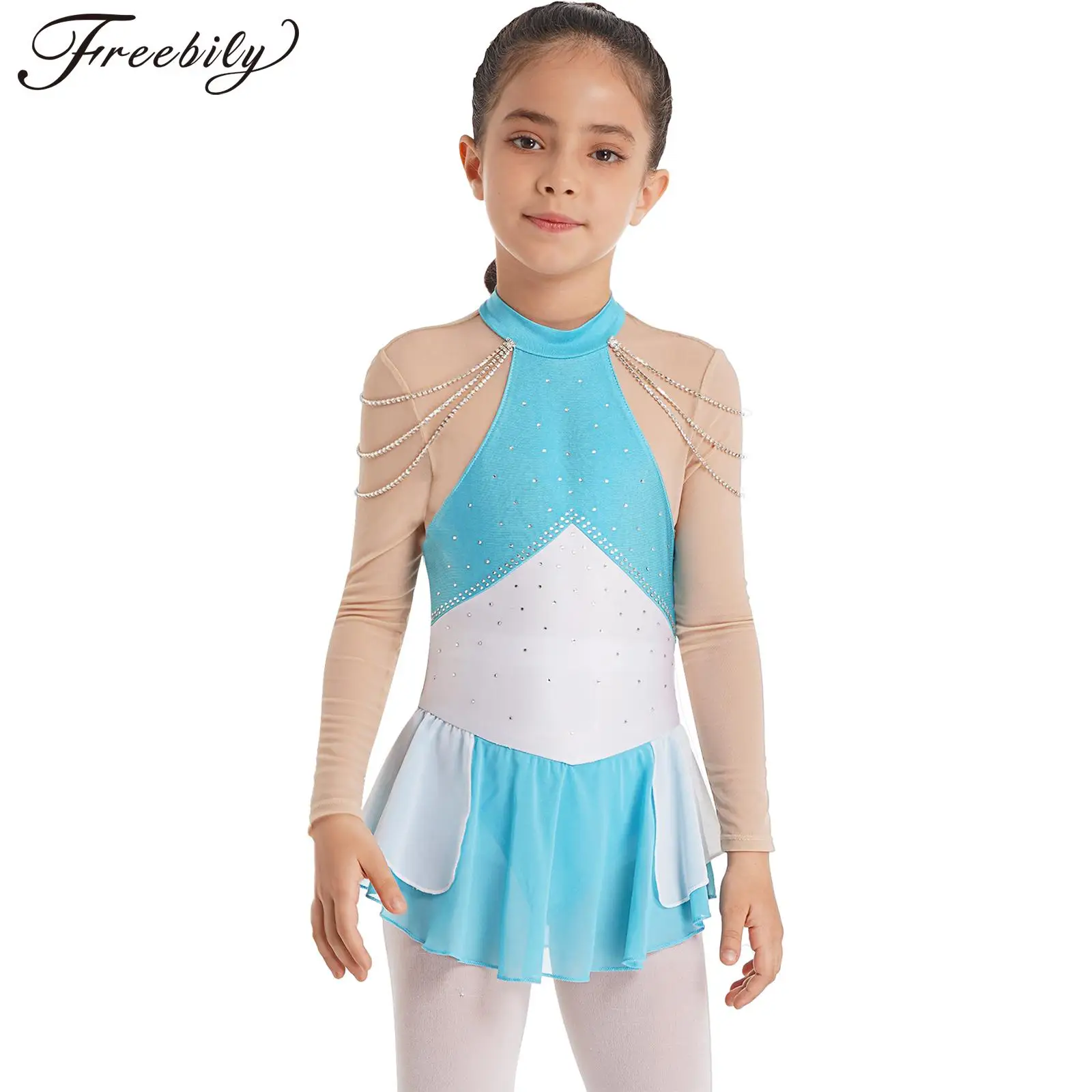 

Kids Girls Figure Ice Skating Dance Dress Long Sleeve Rhinestone Chain Decor Sheer Mesh Leotard Tutu Ballet Gymnastics Dancewear