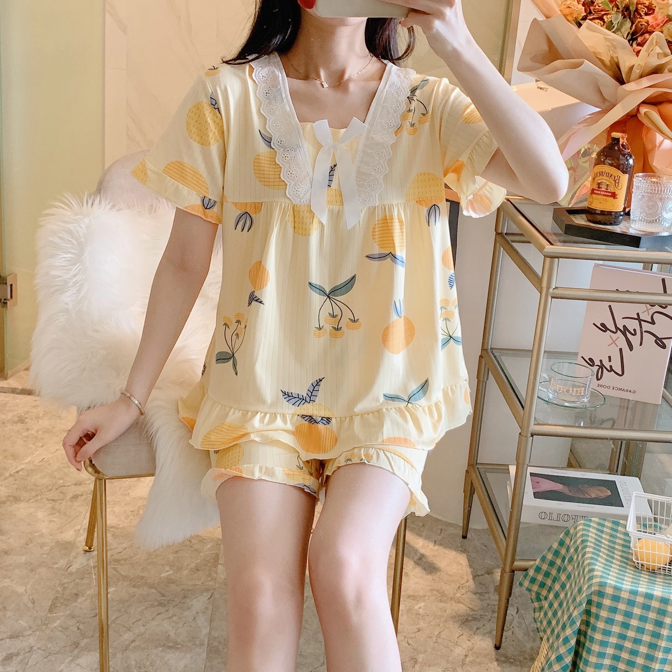 Brand new 2024 women's pajama set summer home set pajamas knitted cotton love print pajamas home clothes ins pajamas 2-pack