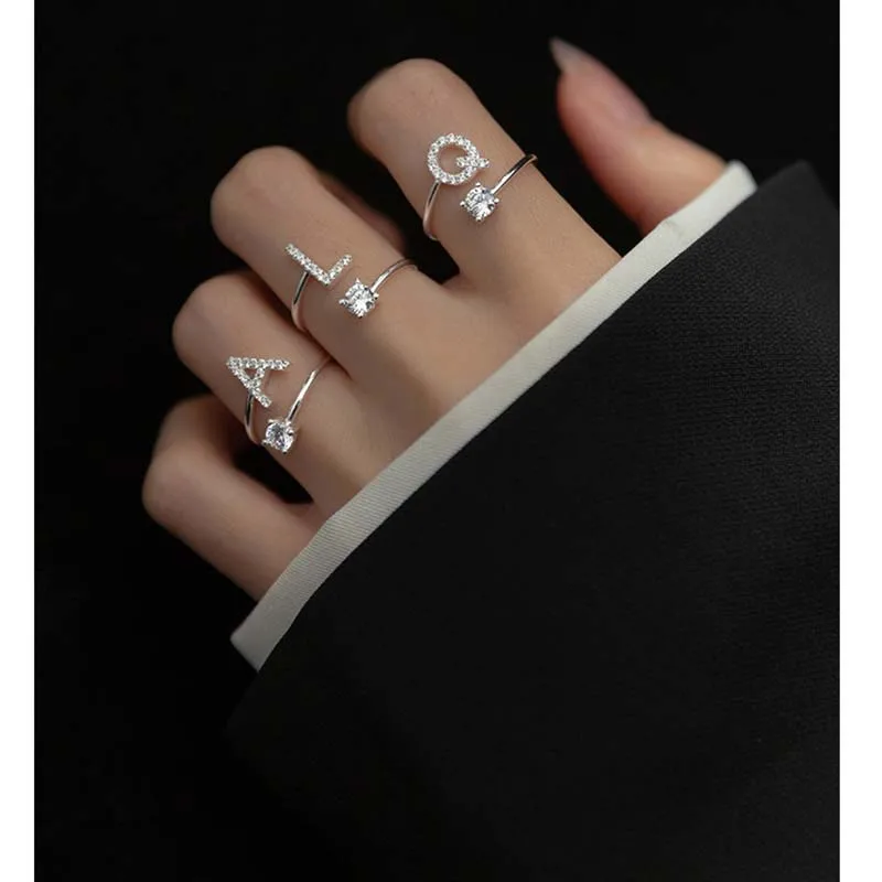 Zircon Initial A-Z Letter Ring For Women Metal Adjustable Opening Ring Name Alphabet Female Wedding Gift opening ring