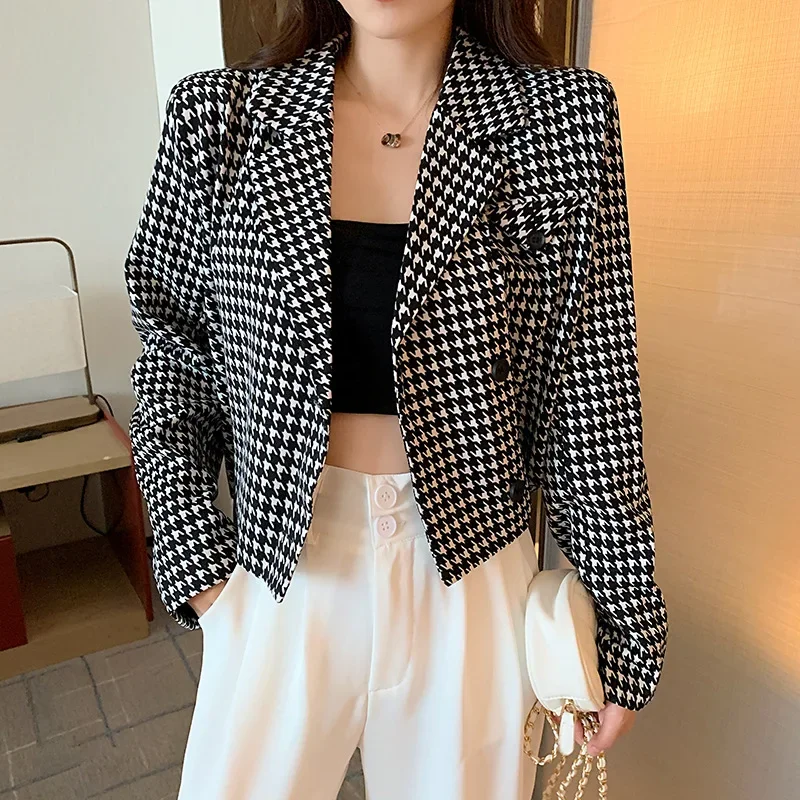 Fashion Houndstooth Blazer Suit Women Single Breasted All-Match Casual Office Blazer Office Lady 2024 New Commute Plaid Suit