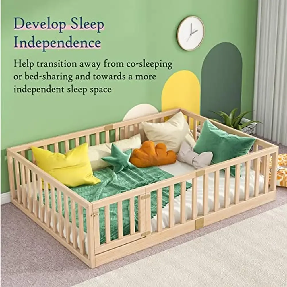 Montessori Full Floor Bed with Safety Guardrails Left/Right Install Door Kids Wood Frame Independent Sleep Space Bedtime Story 4
