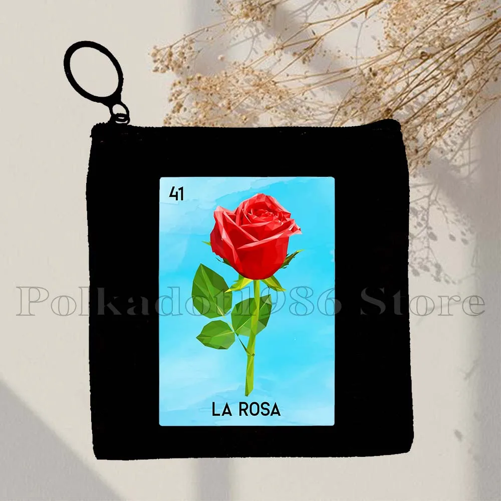 Mexican Loteria Bingo Card Art LA ROSA Diablita Toxica El Jefe Nopal Catrin Papa Gifts Key Coin Purse Case Bags Wallet Pouch
