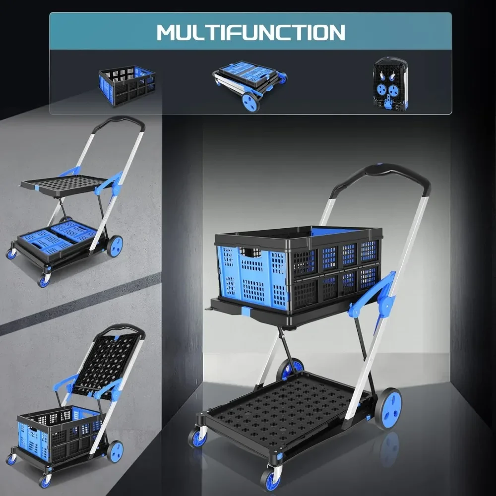 Collapsible Utility Cart,Multi Use Functional Shopping Carts with Storage Crate Adjustable Folding Trolley Lightweight