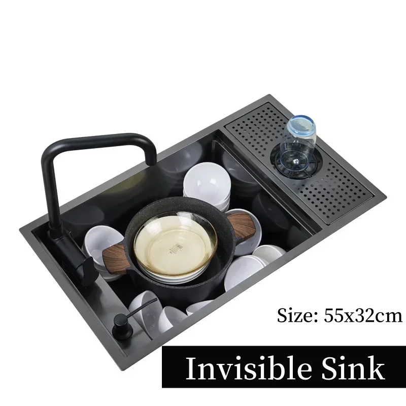 Kitchen Accessories Kitchen Sink Kitchen Sink Faucet Set 304 Stainless Steel Kitchen Sink Concealed Folding Faucet with Cup Washer for Coffee Shop Milk Tea Bar Toilet Bathroom Sink