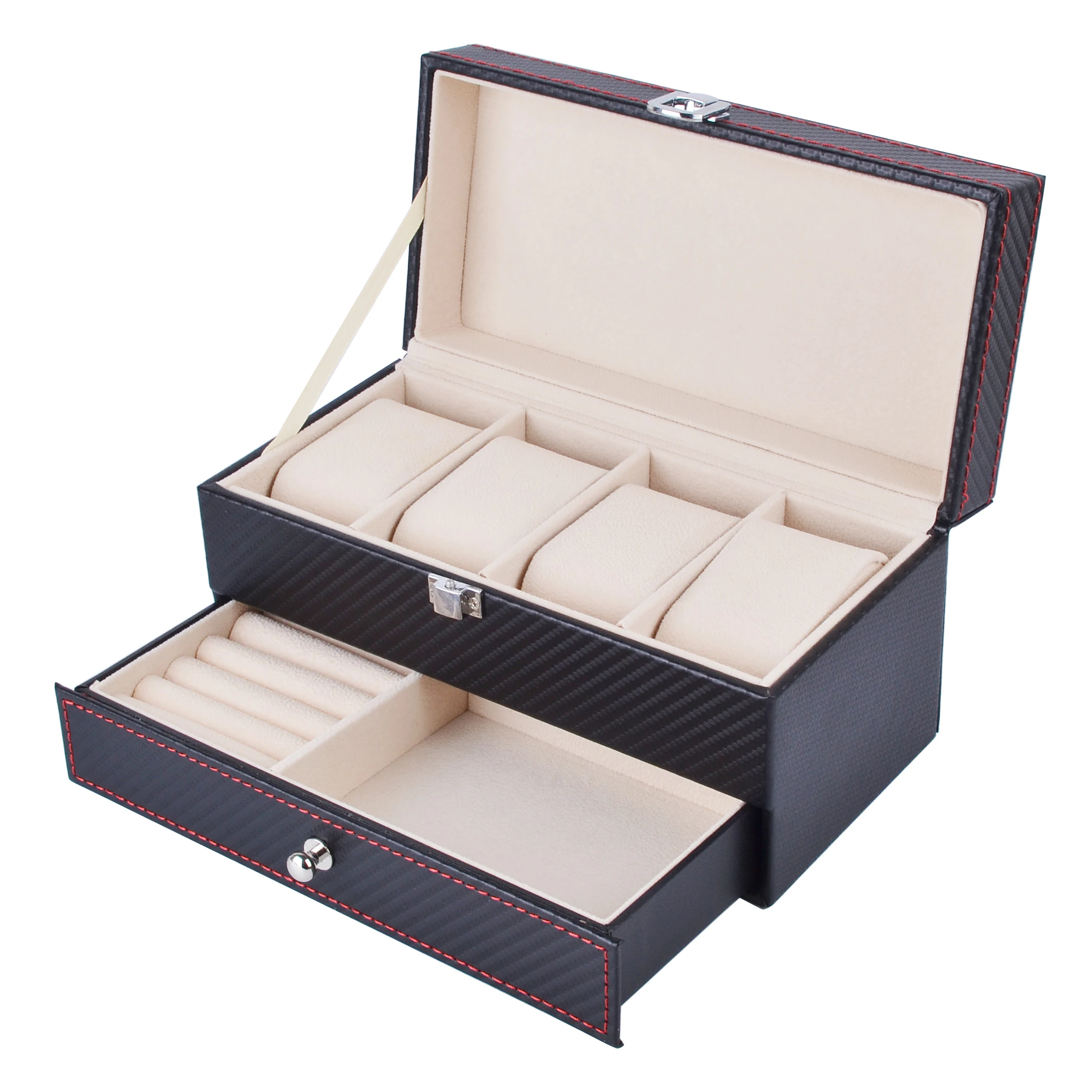 Double Layer Watch Box Carbon Fiber Watch Case Holder Organizer Storage