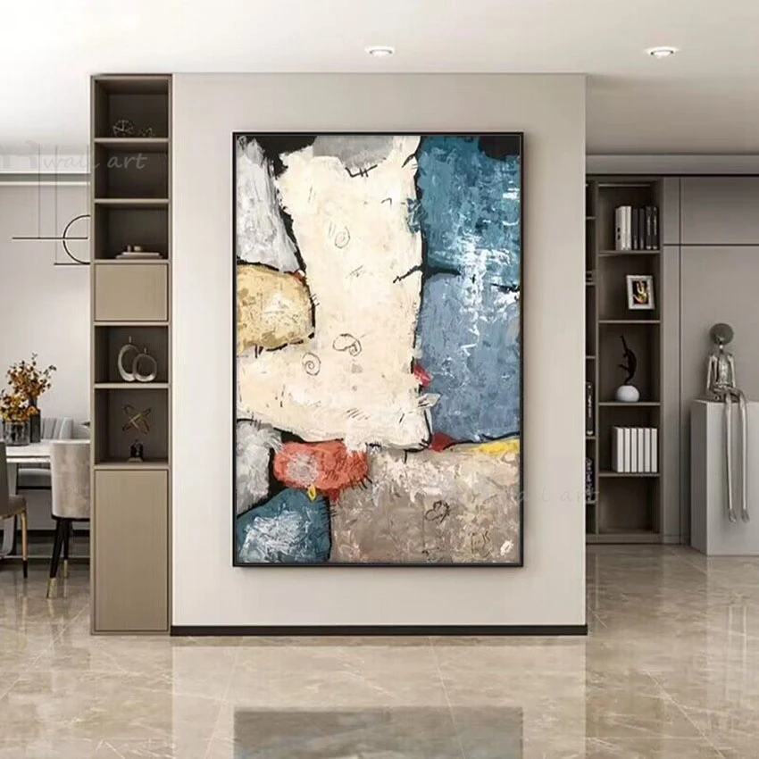 

Nordic Modern Abstract White Blue Coffee Color Matching Pure Handmade Oil Painting Home Decoration For Dining Room Living Room