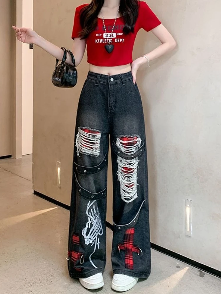 American Retro Heavy Industry Hollow Hole Jeans Women Street Design Loose Straight Wide-leg Pants High Waist Slim Mopping Jeans