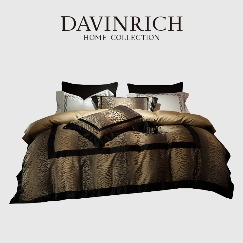 

DAVINRICH Italian Modern Luxury Duvet Cover Set Gold Tiger Stripes Jacquard Cotton Sateen Yarn-Dyed Bedding Set For Villa Hotel