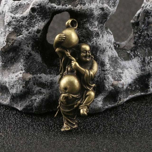3PC Retro Creative Pure Copper Poet Buddha Maitreya Buddha Automobile Hanging Ornament Solid Brass Key Bule Men and Women s Peak