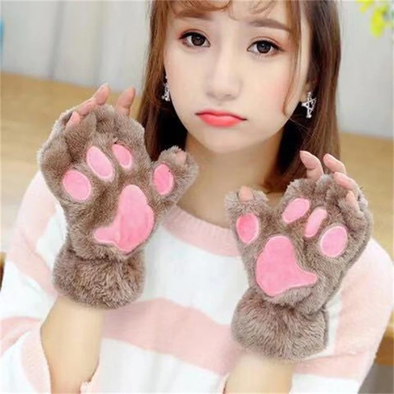 Cute Cat Paw Fluffy Claw Fingerless Gloves Warm Soft Plush Fingerless Panda Glove Half Finger Women Winter Wear Christmas Gifts kpop women bear plush gloves cat paw claw winter cute kitten fingerless mittens warm gloves christmas halloween for womens girls