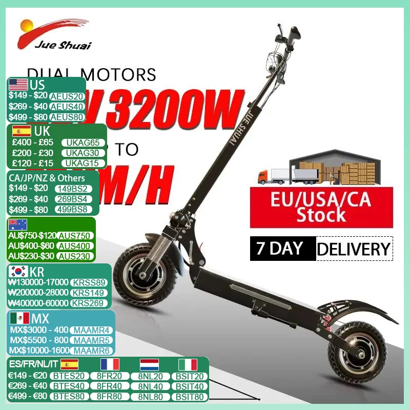 3200W Electric Scooters Adults Powerful Dual Motor 10'' Tubeless Tires Max Speed 75KM/H Foldable Kick Scooter Two Wheels 60V